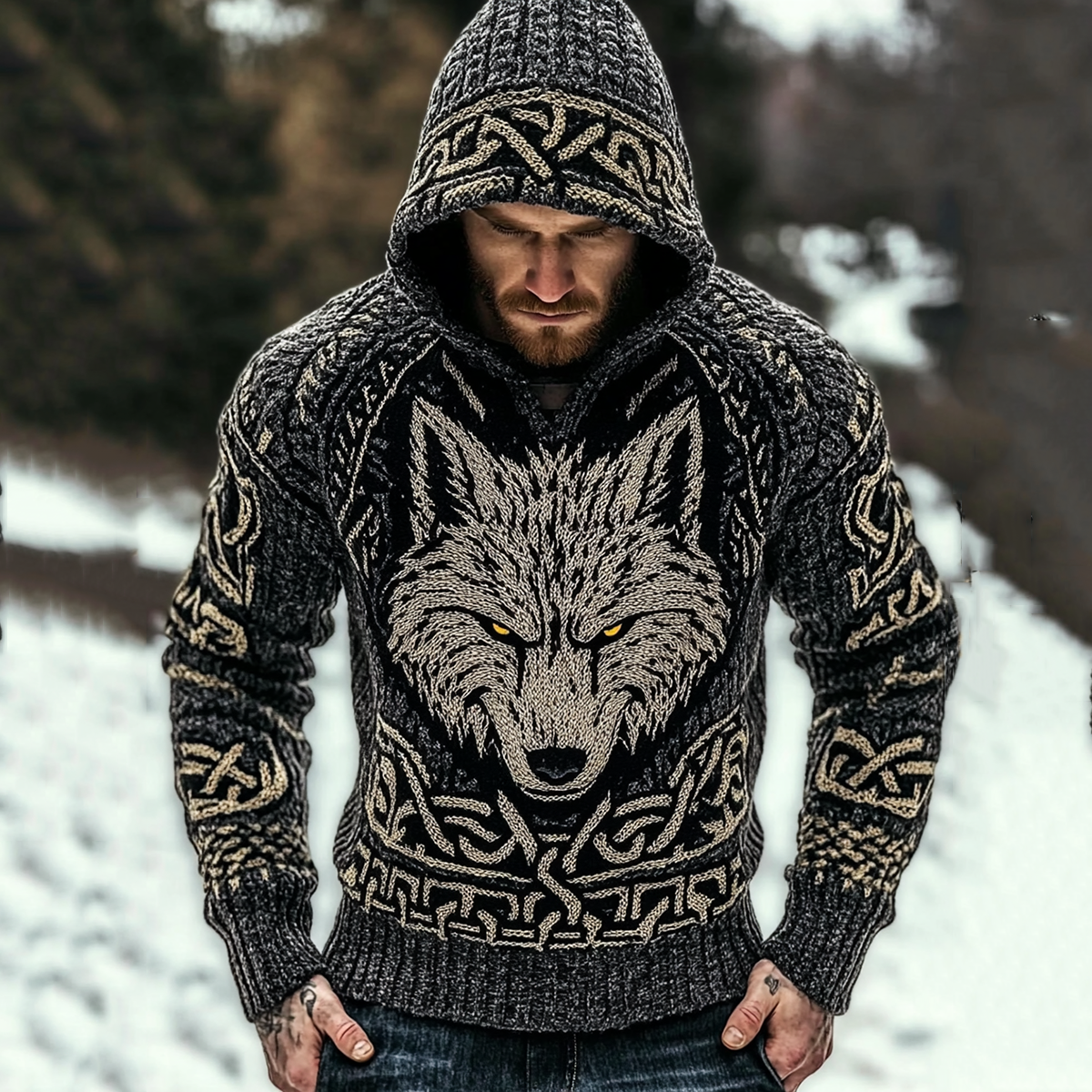 Men's Viking Pattern And Wolf Art Knit Hooded Sweater artswardrobe