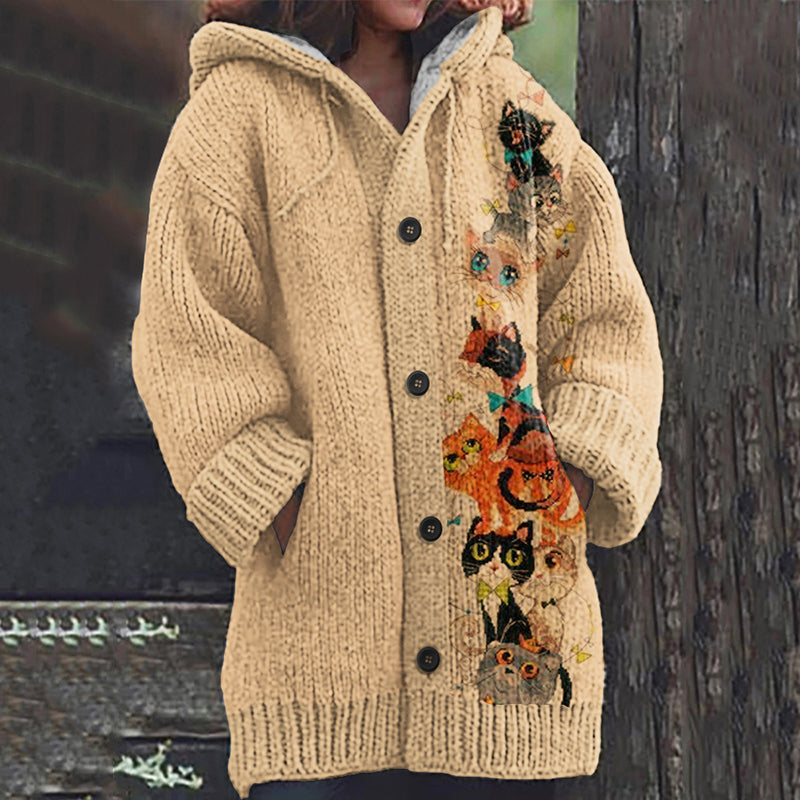 Vintage Stacked Tall Cat Print Women's Knitted Sweater elevenforest