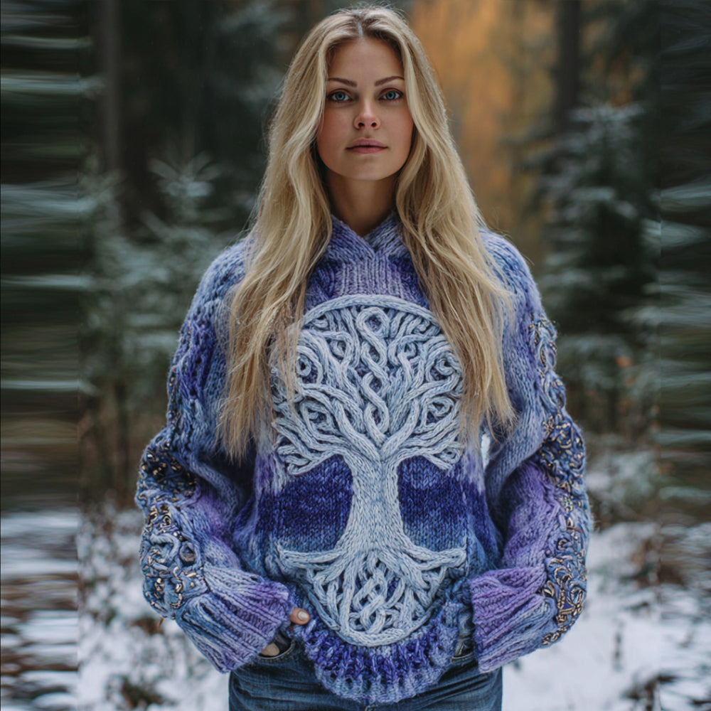 Viking Style Tree Of Life Blue Tie Dye Hooded Sweater artswardrobe
