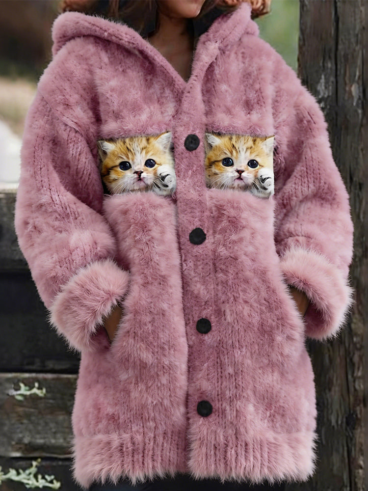 Comstylish Cute Fuzzy Cats Art Vintage Cozy Hooded Cardigan