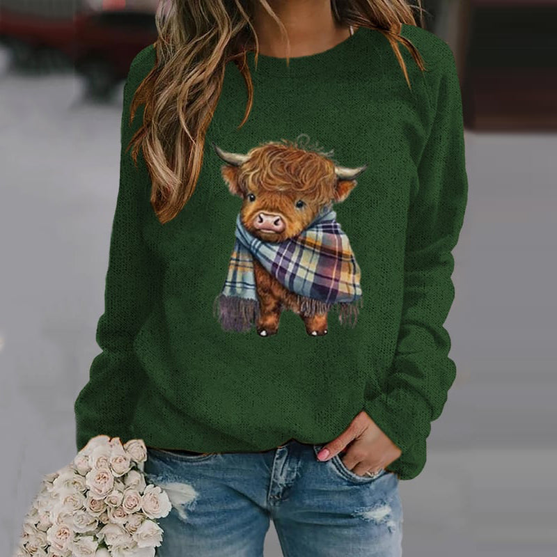 Comstylish Women's Highland Cow Crew Neck Casual Sweatshirt