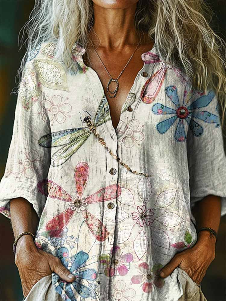 Women's Dragonfly Floral Pattern Art Print Casual Cotton Linen Shirt