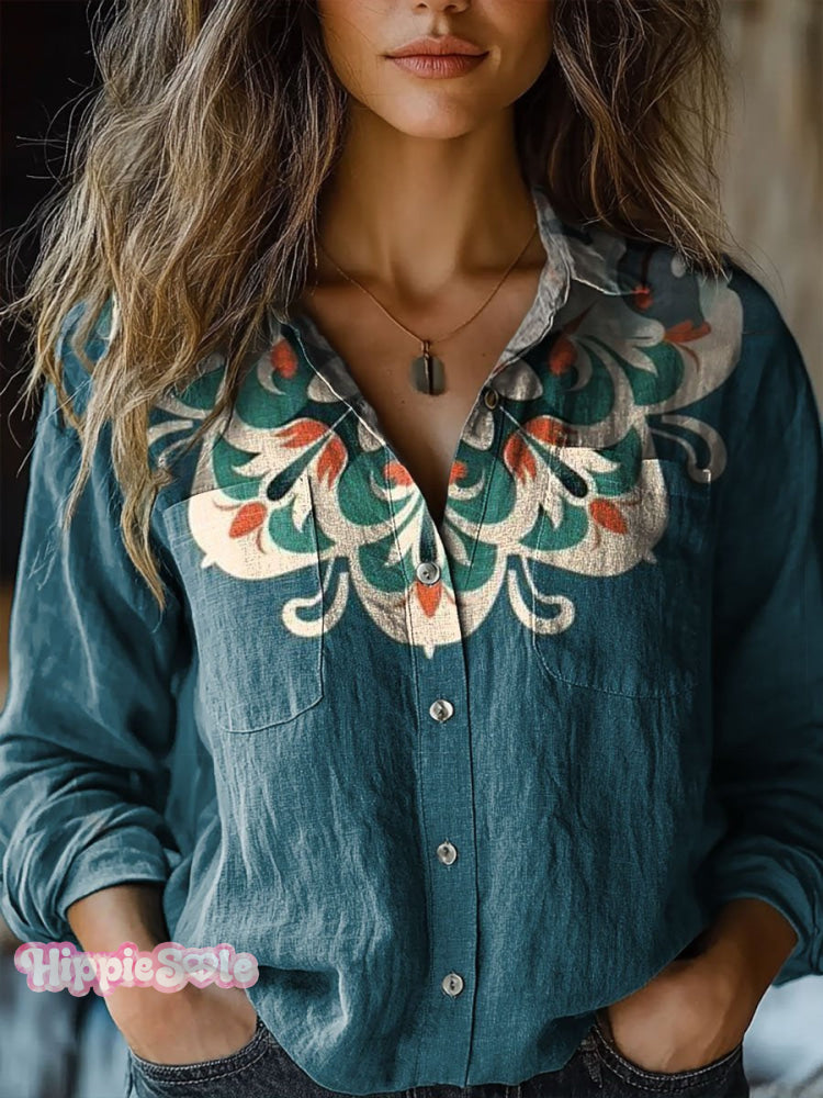 Women's Floral Art Print Casual Long Sleeve Comfortable Cotton Shirt