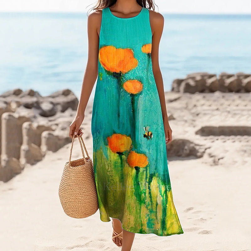 Women's Oil Painting Flower Print Linen Blend Tank Midi Dress artswardrobe
