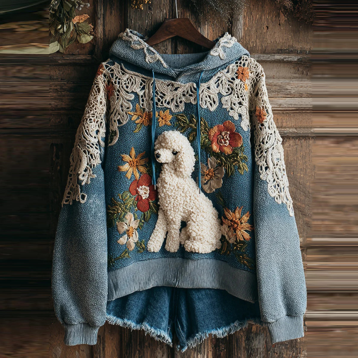 Comstylish Lace Floral Art Dog Print Casual Hoodie