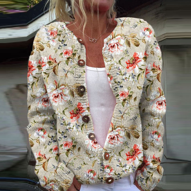 Vintage Tribal Floral Art Print Knit Button Sweater artswardrobe