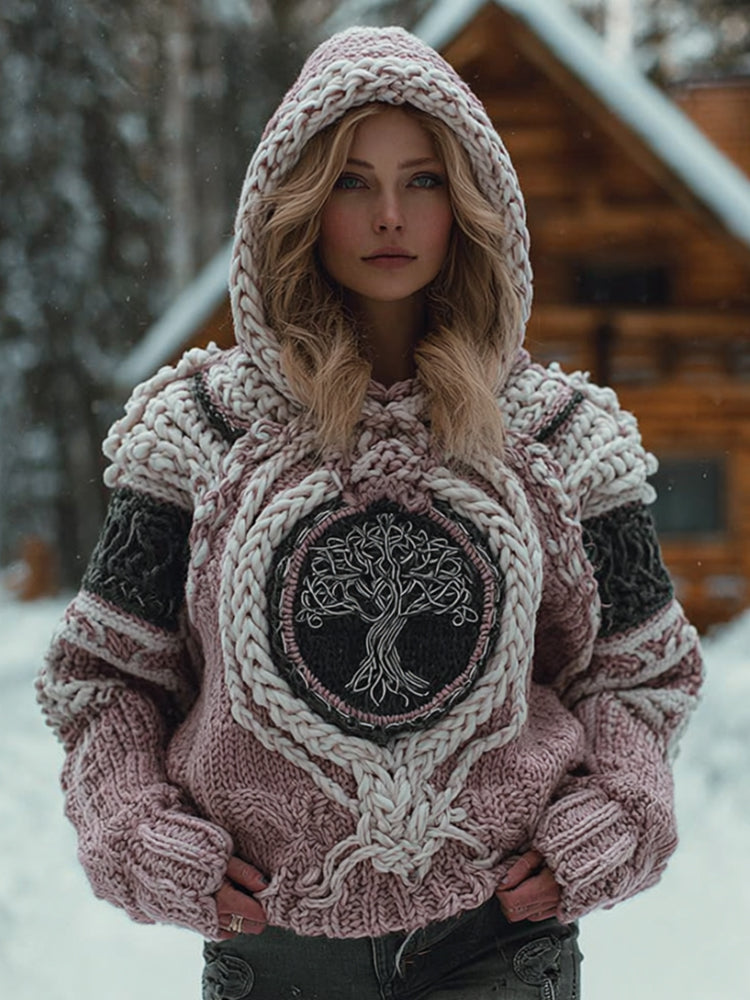 Women's Viking Style Tree Of Life Celtic Knot Contrasting Thick Hooded Sweater artswardrobe