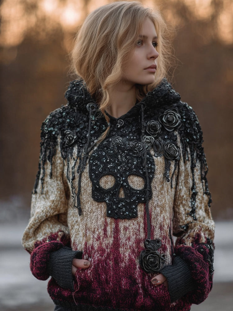 Vintage Skull Flower Bead Thick Needle Hooded Sweater artswardrobe