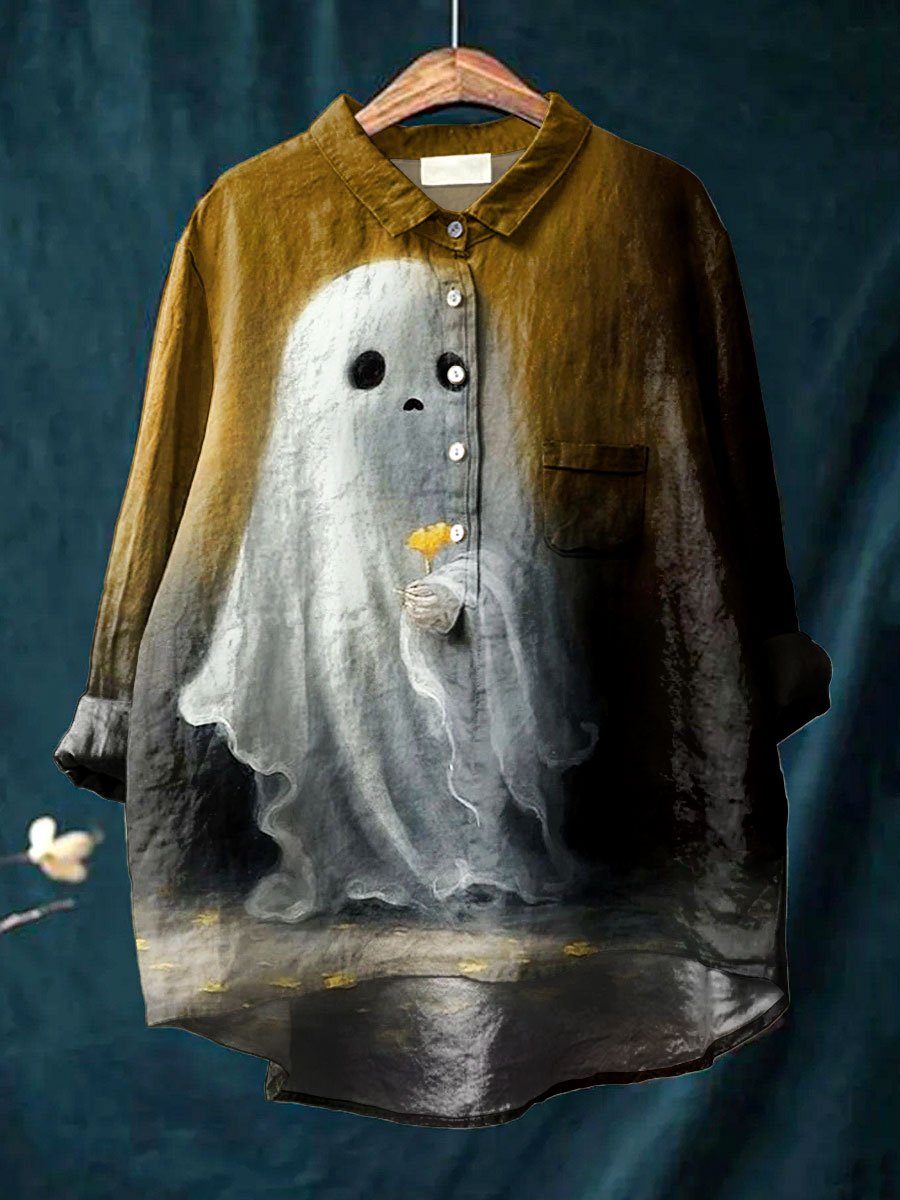 Women's Vintage Halloween Cute Little Ghost Face Ghost Art Print Casual Cotton And Linen Shirt