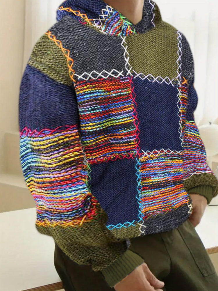 Vintage Colorful Knit Fabric Geometric Patchwork Men's Hooded Sweater elevenforest