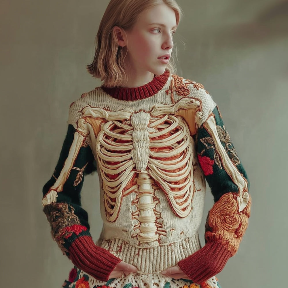 Women's Halloween Skeleton And Flower Art Embroidery Color Blocked Round Neck Sweater artswardrobe