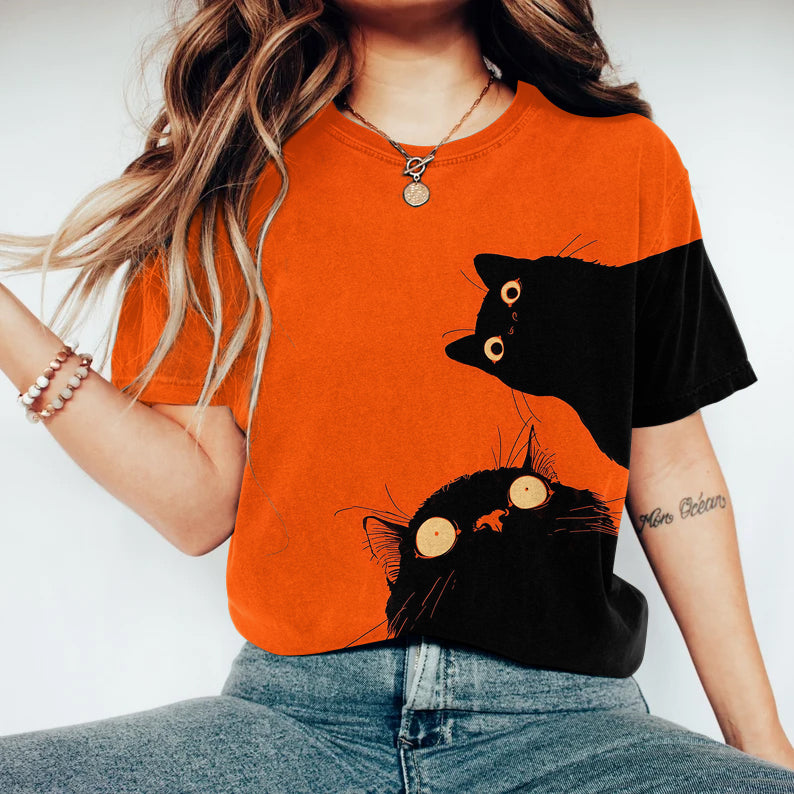 Women's Funny Cat Print Crew Neck Short Sleeve T-shirt elevenforest