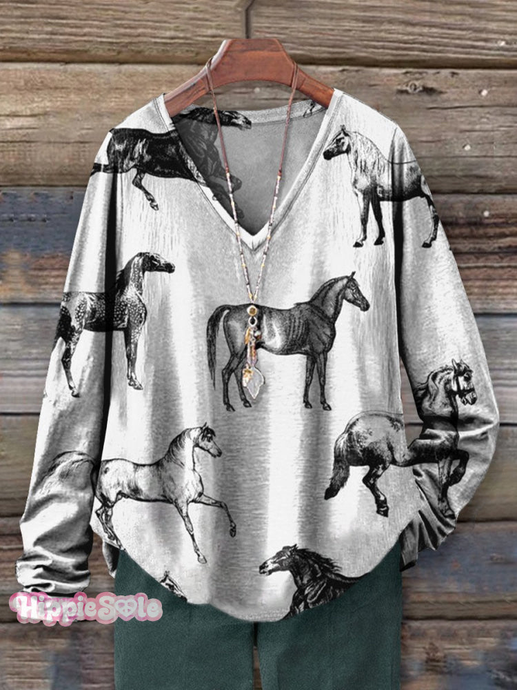 Women's Vintage Horse Art Print 100% Cotton Casual V-neck Long Sleeve