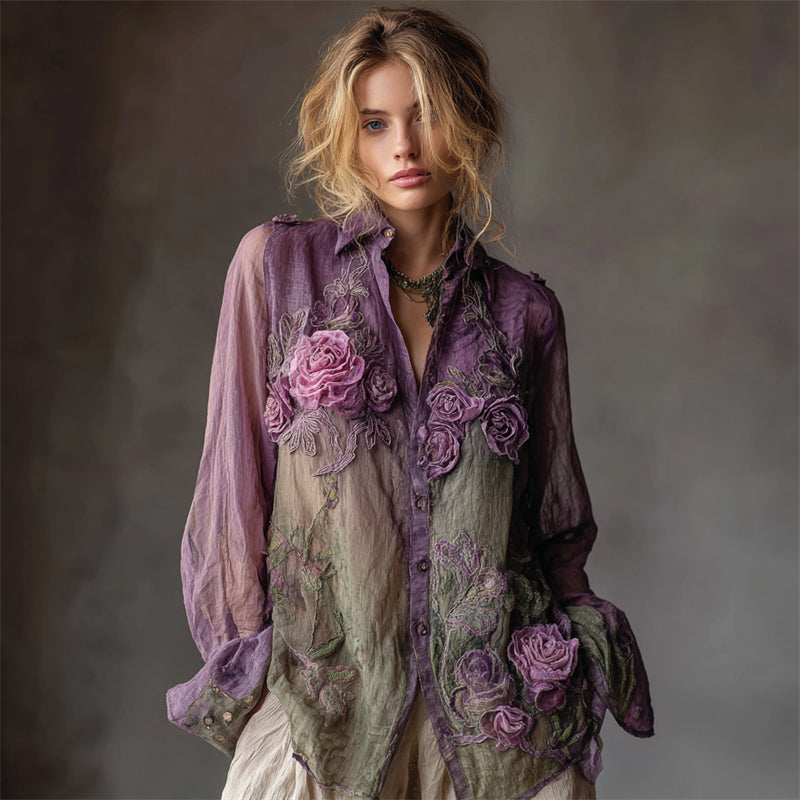 Vintage Roses Fiber Art Embroidered Contrast Flowy Linen Blouse artswardrobe