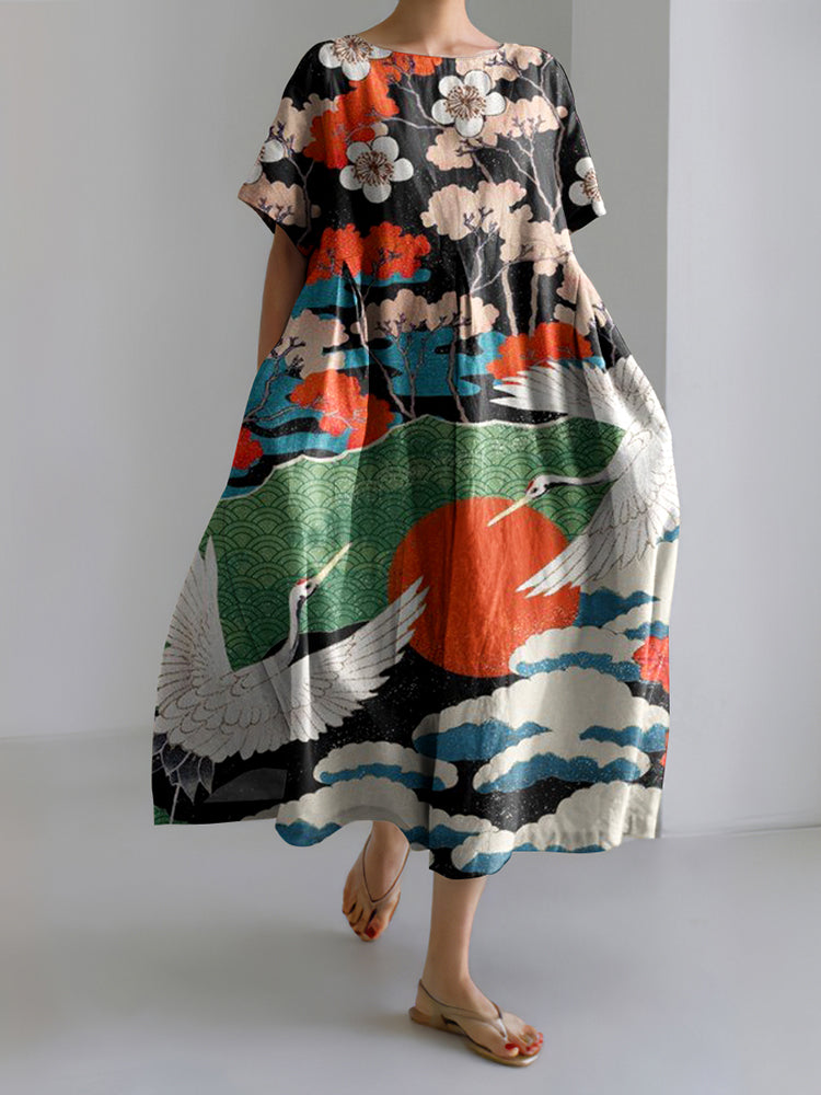 Flower & Crane Japanese Art Print Loose Midi Dress