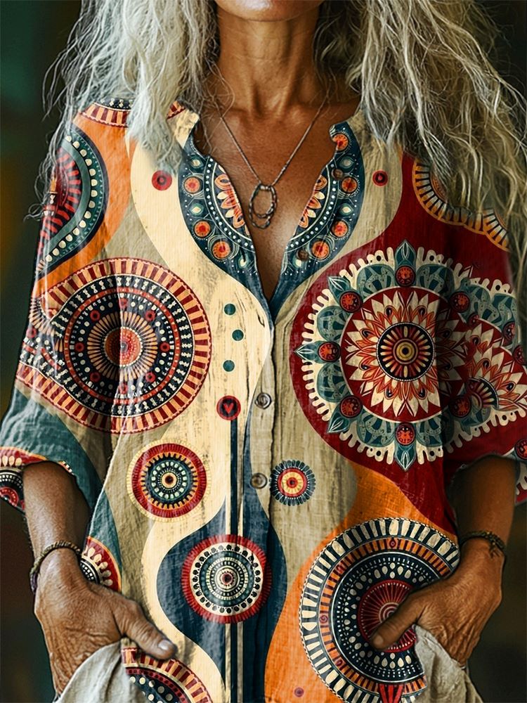 Women's Vintage Mandala Pattern Art Print Casual Cotton Linen Shirt