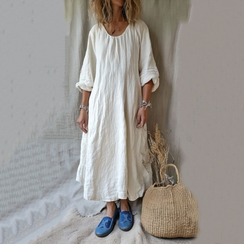 Vintage Crew Neck Cotton Linen Comfy Maxi Dress artswardrobe