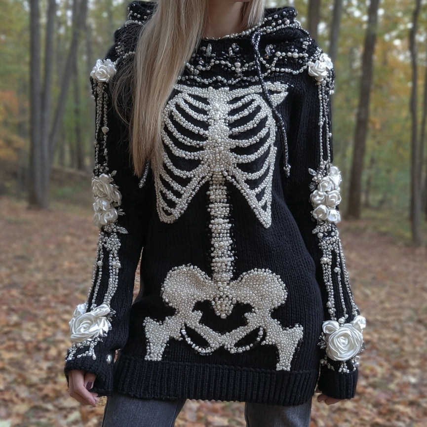 Women's Halloween Skull Floral Cozy Knit Hooded Sweater artswardrobe