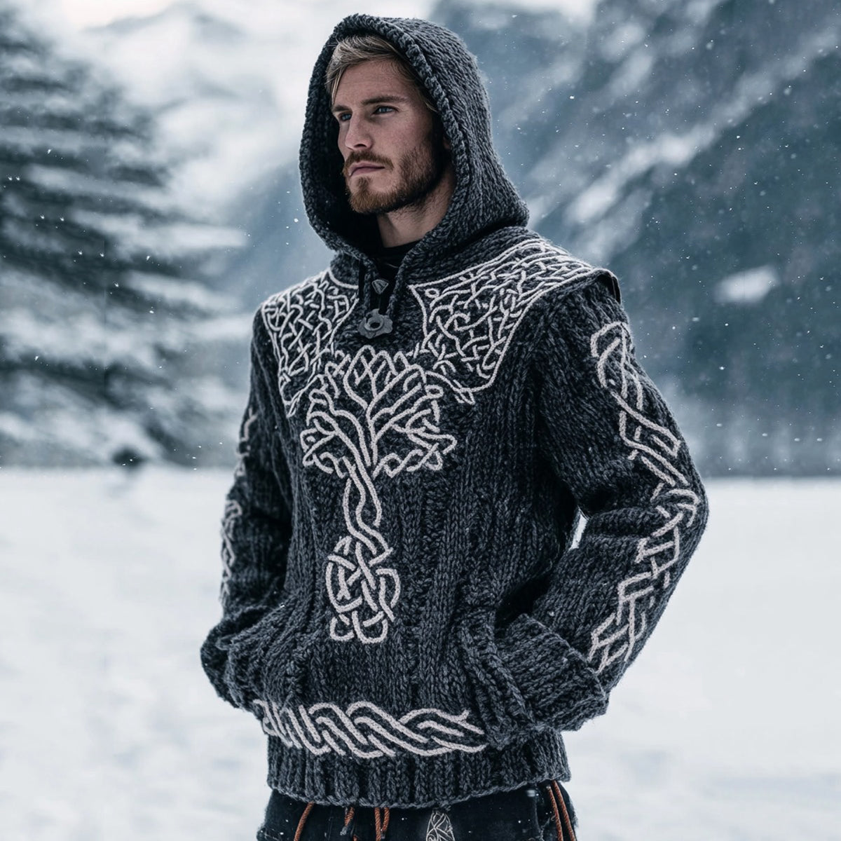 Men's Viking Tribal Life Of Tree Inspired Knit Pocket Hooded Sweater artswardrobe
