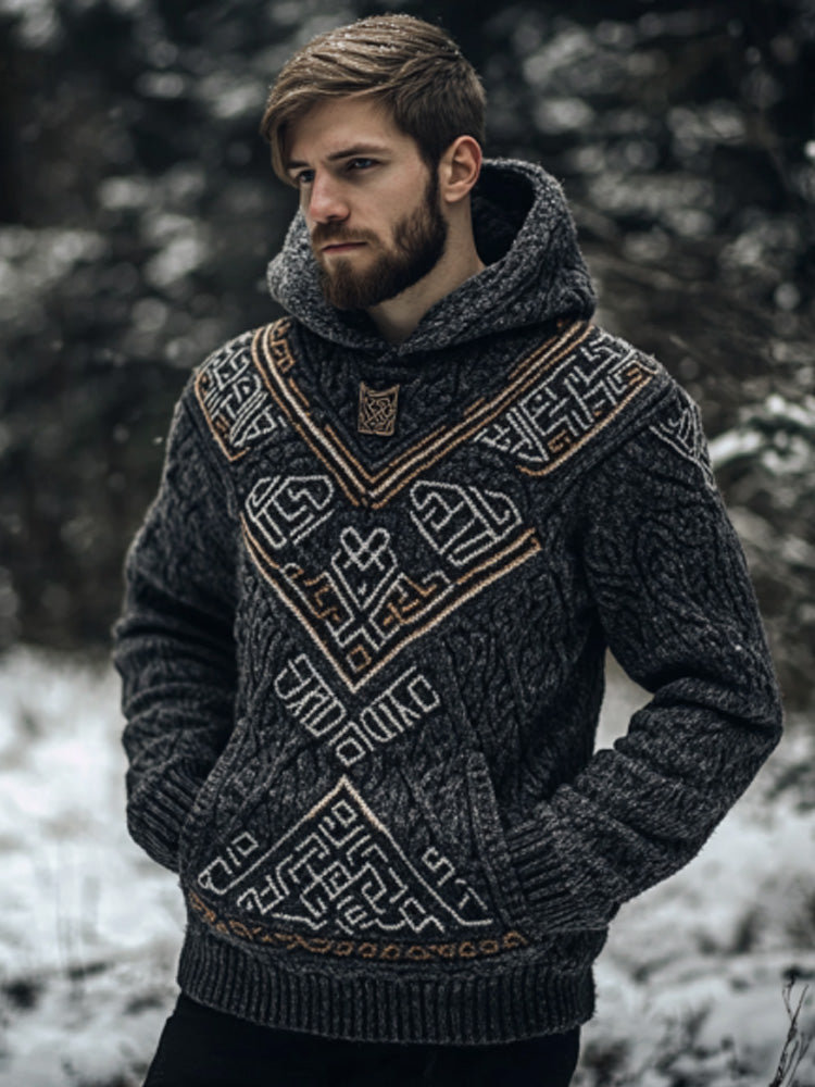 Men's Vintage Viking Inspired Celtic Jacquard Hooded Sweater artswardrobe