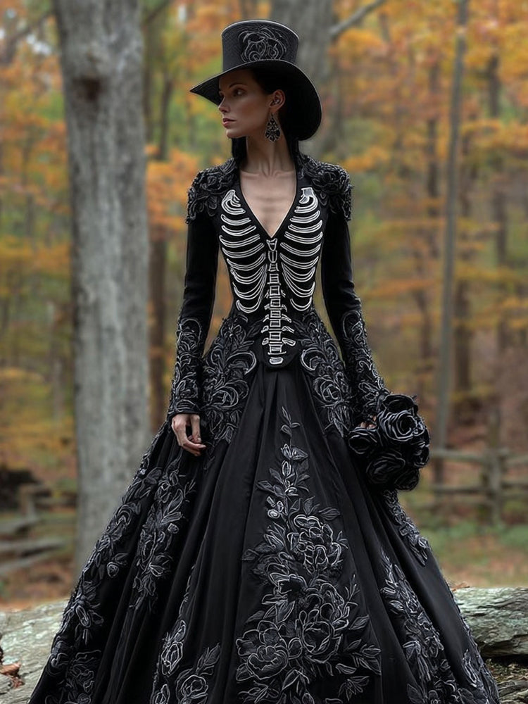 Comstylish Classy Skeleton Flowers Embroidered Flowy Maxi Dress