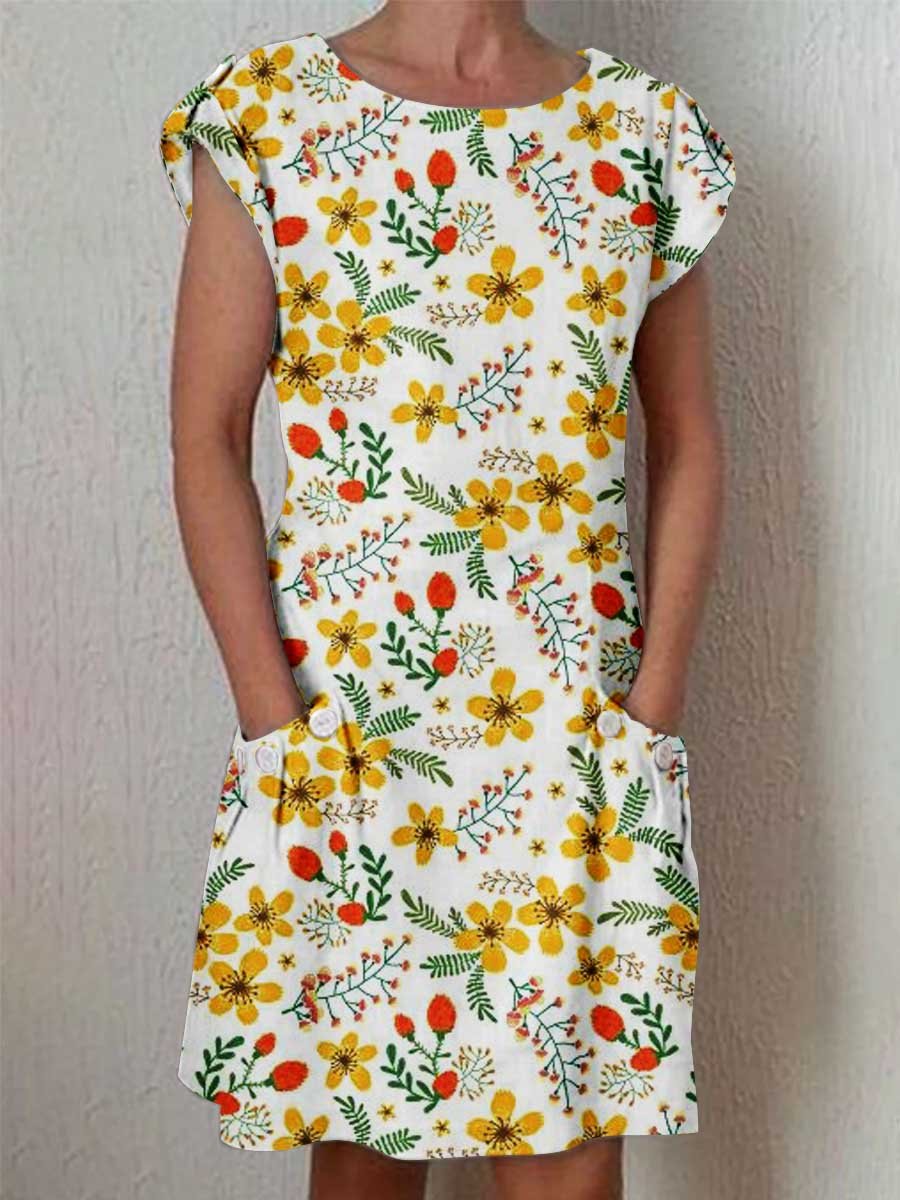 Women's Vintage Floral Dress with Pockets