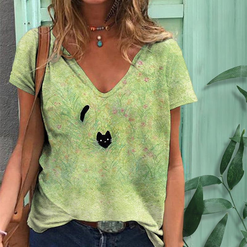 Women'S Black Cat Print V-Neck T-Shirt elevenforest