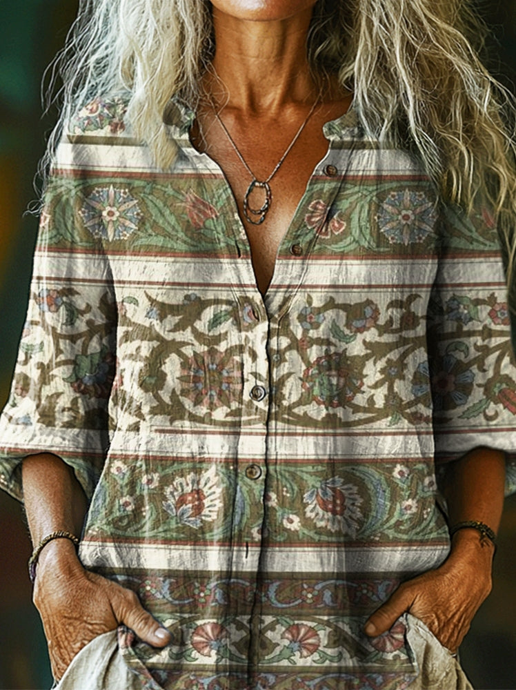 Women's Vintage Ethnic Floral Collage Art Print Casual Cotton Linen Sh