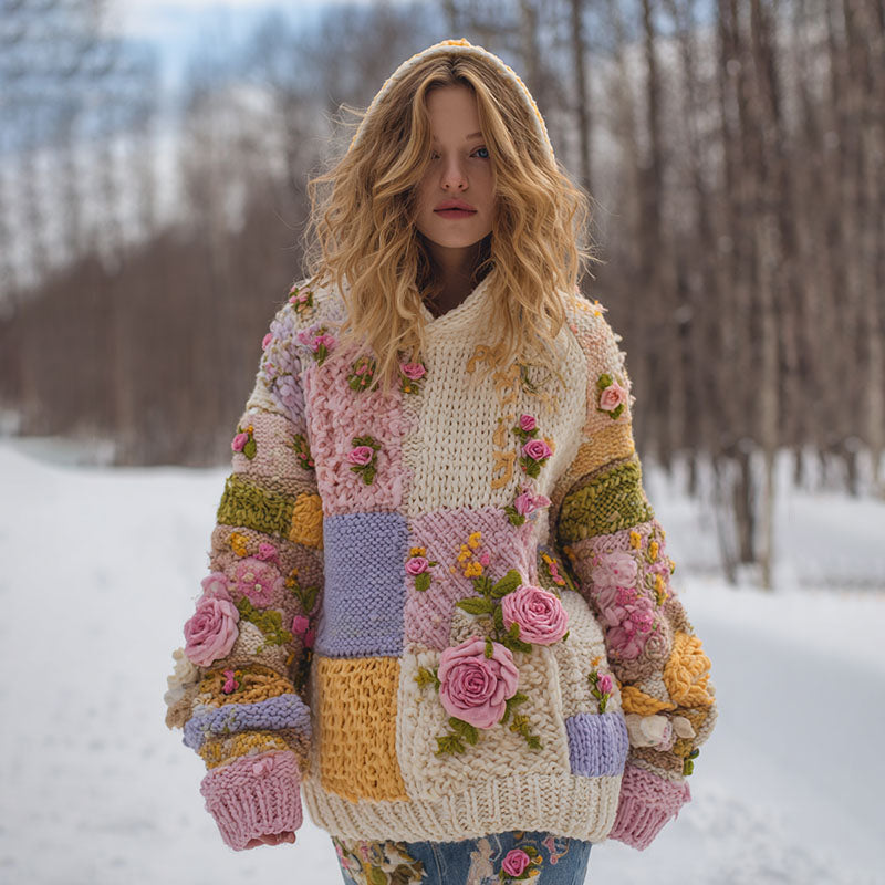 Women's Vintage Floral Patchwork Art Knit Jacquard Hooded Sweater artswardrobe