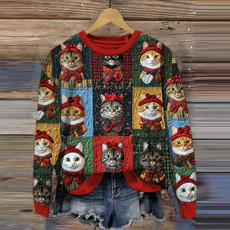 Comstylish Christmas Cat Print Crew Neck Sweatshirt