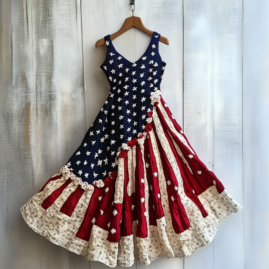 Women's Vintage Independence Day Rose Flowers Art Linen Midi Dress artswardrobe