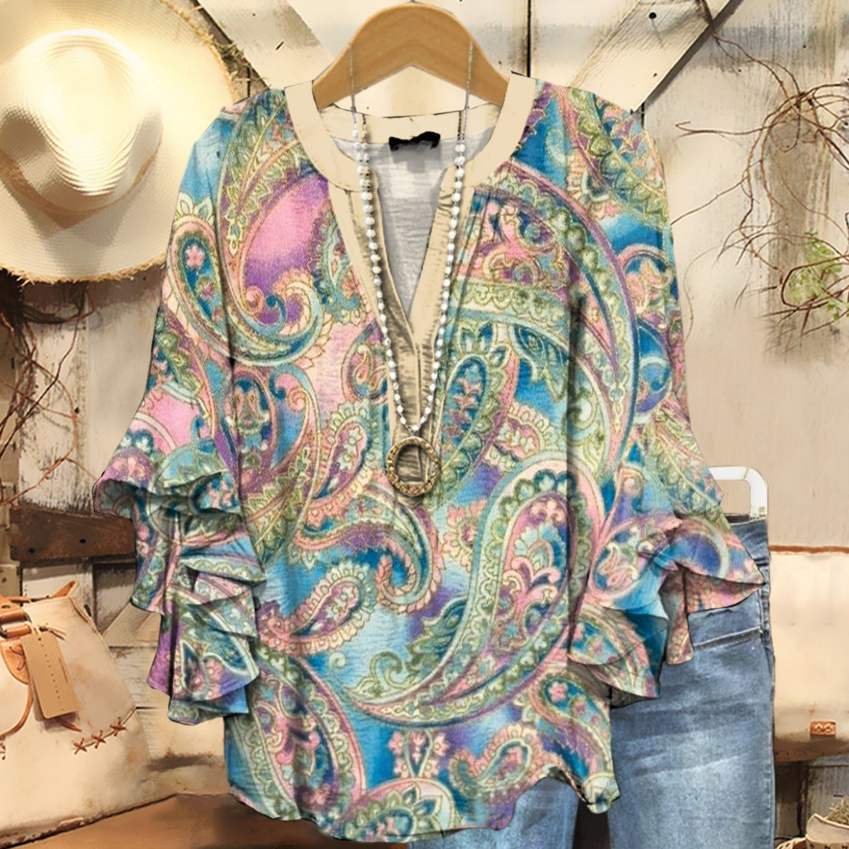 Women's Ethnic Paisley Floral Art Print Casual Ruffle Sleeve Top