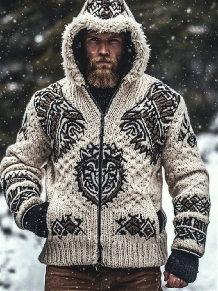 Men's Viking Fenrir Wolf Inspired Cozy Chunky Hooded Cardigan artswardrobe