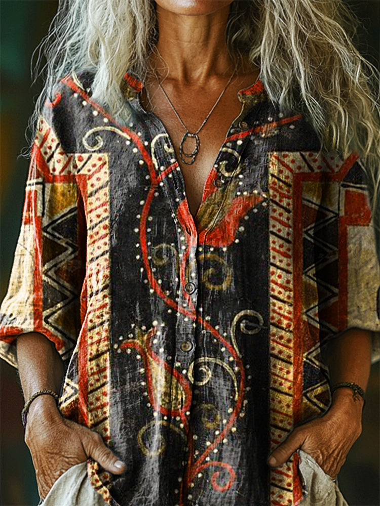 Women's Vintage Bohemian Floral Art Print Casual Cotton Linen Shirt