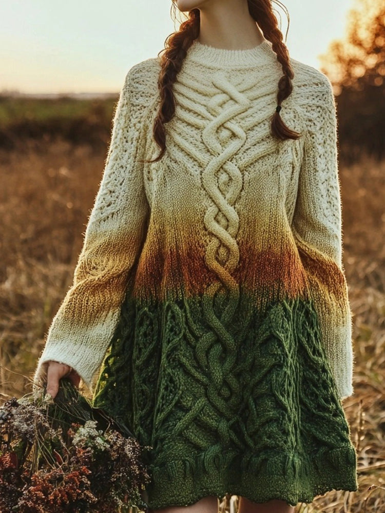 Irish Gradient Celtic Knot Cozy Knit Flare Sweater Dress elevenforest