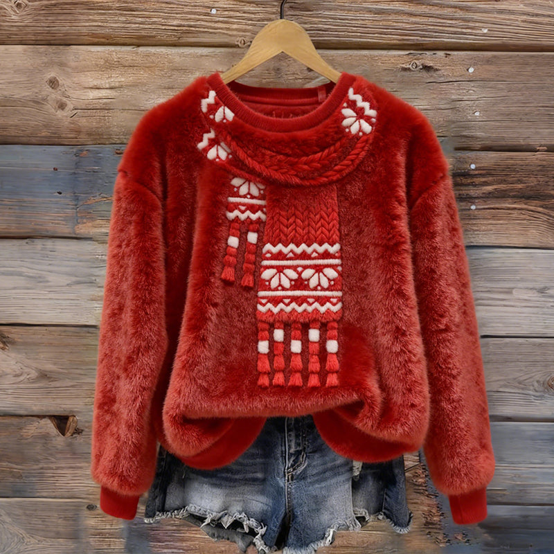 Comstylish Fun Scarf Pattern Warm Crew Neck Sweater