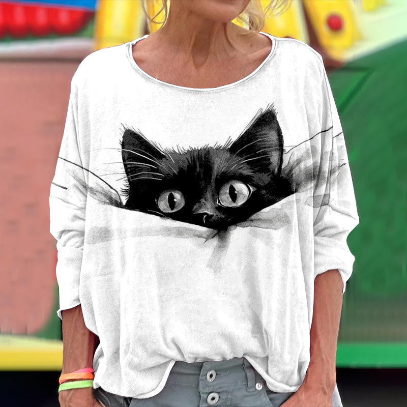 Cute Sleeping Cat Art Print Crew Neck T-shirt artswardrobe