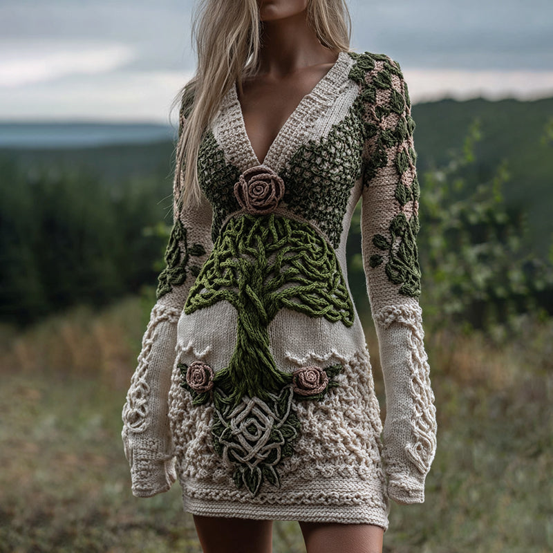 Women's Viking Celtic Tree Of Life With Rose Art Cozy Knit V Neck Mini Sweater Dress artswardrobe