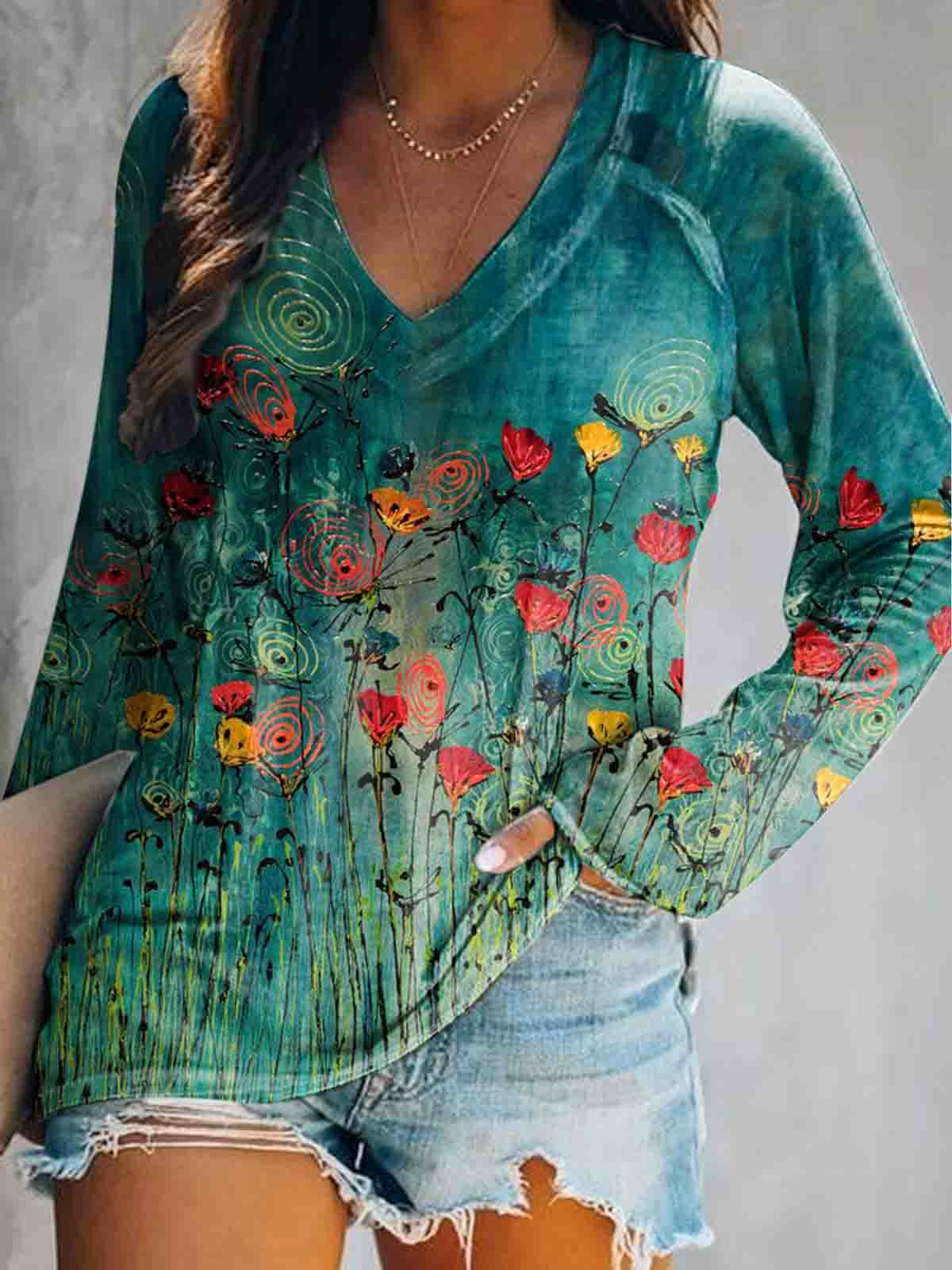 Women's Floral Art Print V-Neck Long Sleeve Top