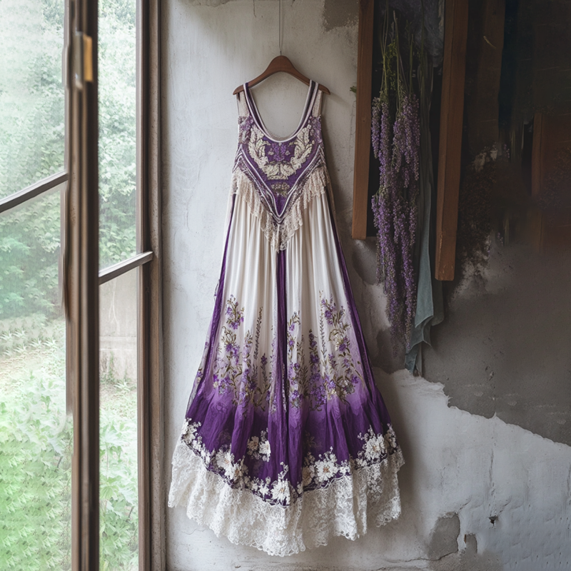 Boho Lavender Embroidered Lace Gradient Linen Dress artswardrobe