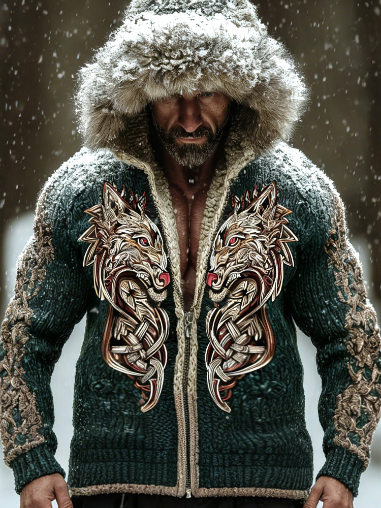 Men's Retro Viking Wolf Embroidered Print Hooded Jacket elevenforest