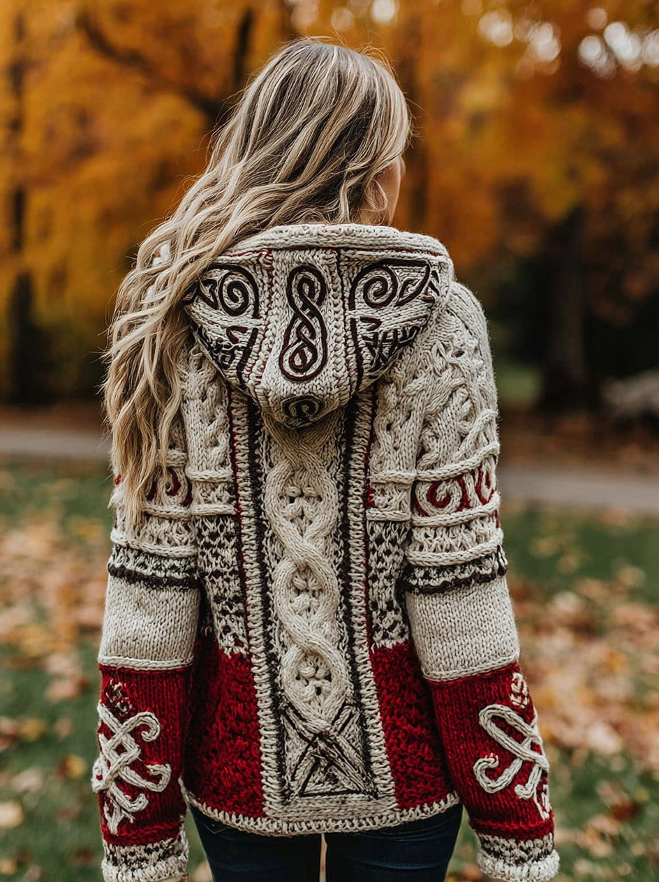 Women's Classic Celtic Knot Jacquard Contrast Hooded Sweater elevenforest