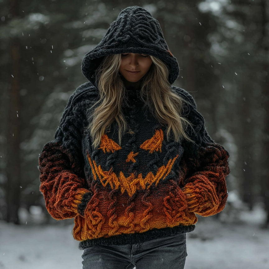 Women's Halloween Spooky Pumpkin Art Gradient Vintage Cozy Knit Hooded Sweater artswardrobe