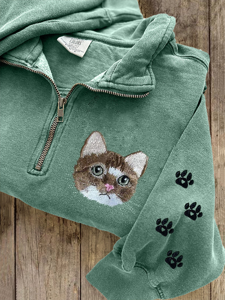 Comstylish Cute Cat Face Embroidered Zip-up Sweatshirt