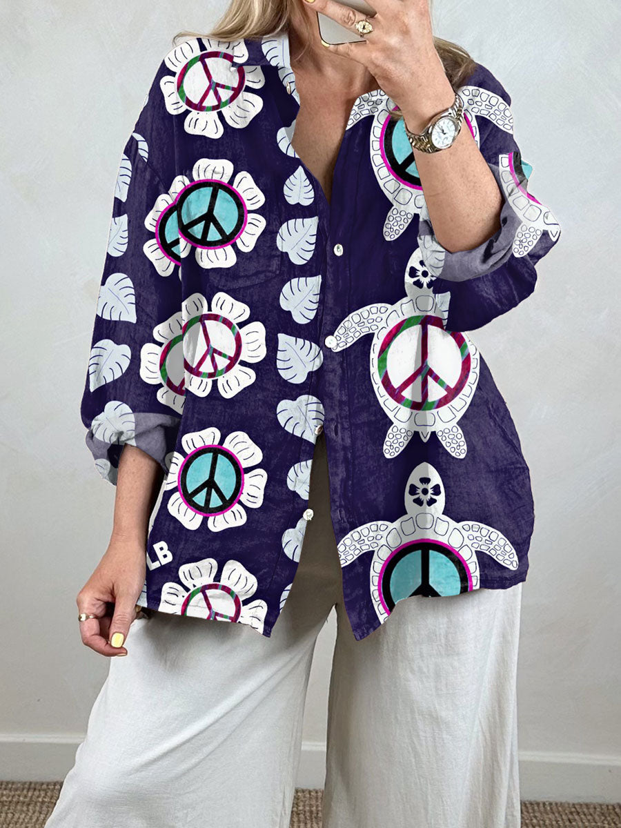Women's Vintage Hippie Turtle Art Print Casual Long Sleeve Comfortable