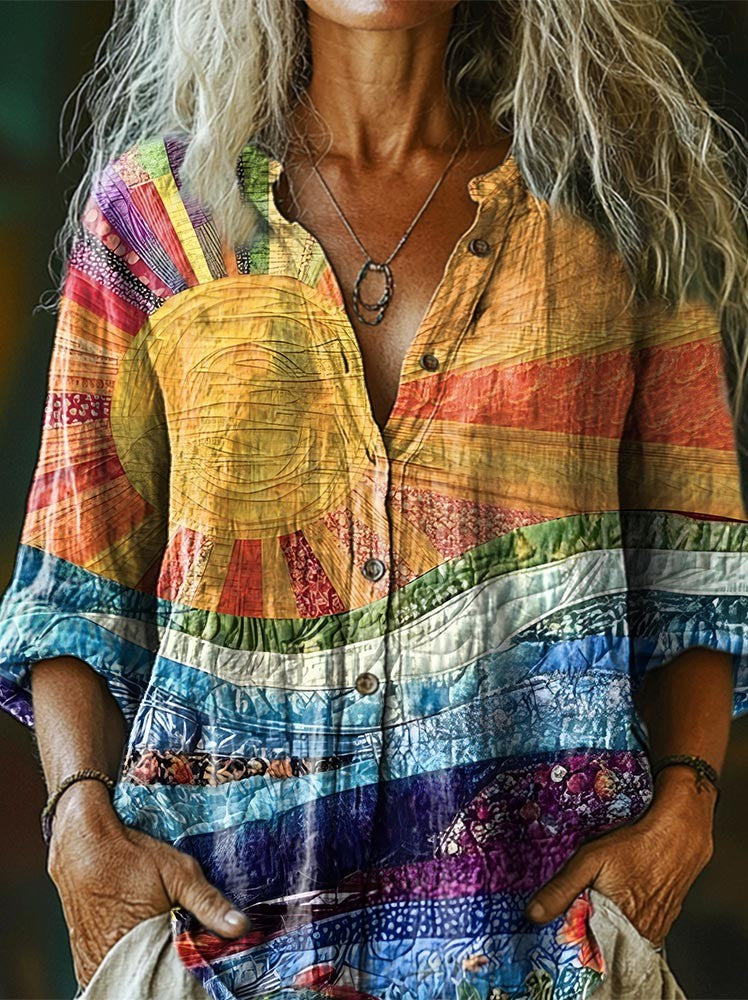 Sun Abstract Patchwork Vintage Art Women's Print Casual Cotton Linen S