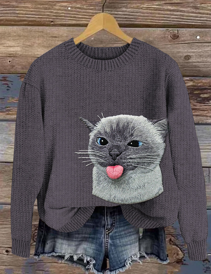 Cute Cat Embroidery Art Casual Sweater elevenforest