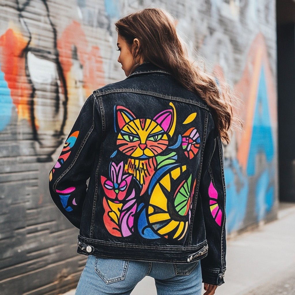Women's Pop Art Cat Design Denim Jacket elevenforest