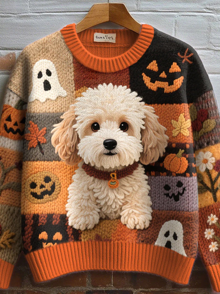 Comstylish Women's Furry Dog Embroidered Cozy Knit Sweater