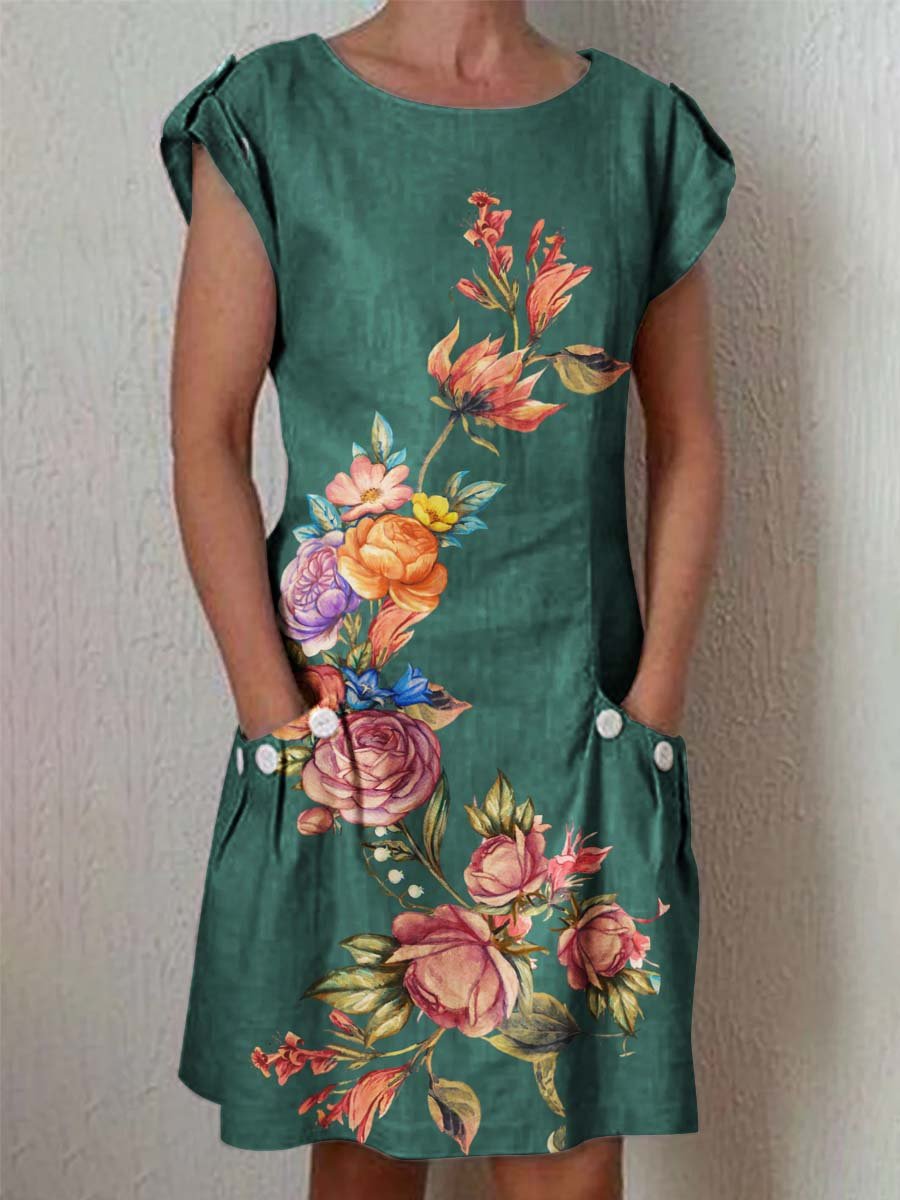 Women's Classic Floral Pattern Cotton and Linen Dress